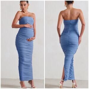 NWT CLUB L LONDON Maternity Blue Strapless Bodycon Ruched Mesh Midi Dress US 8